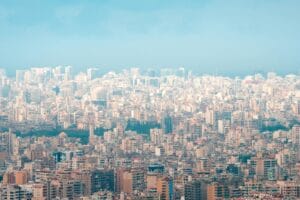 Aerial view of modern Beirut skyline a destination for dental tourism in Lebanon